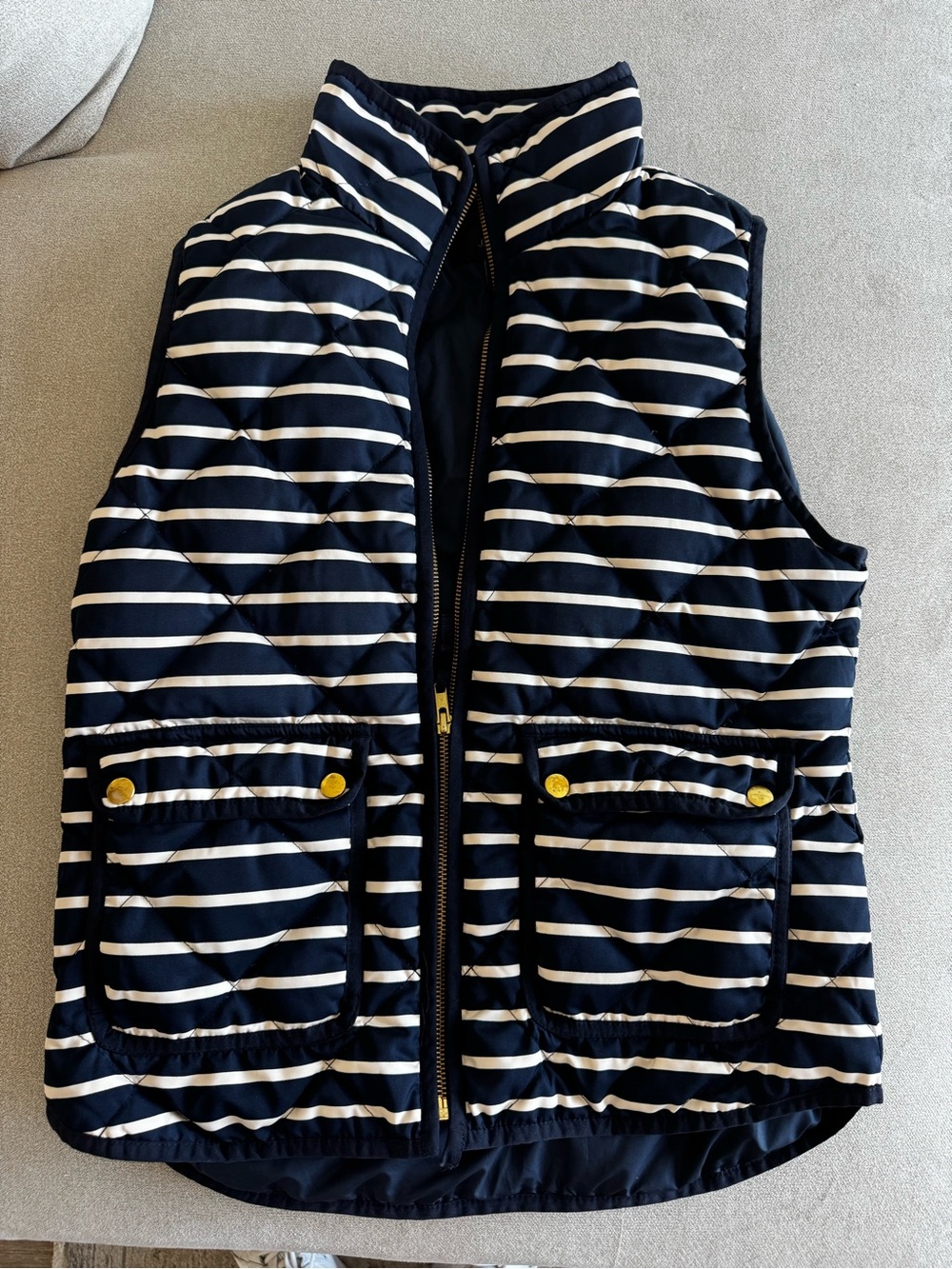 J Crew Navy & White Striped Puffer Vest